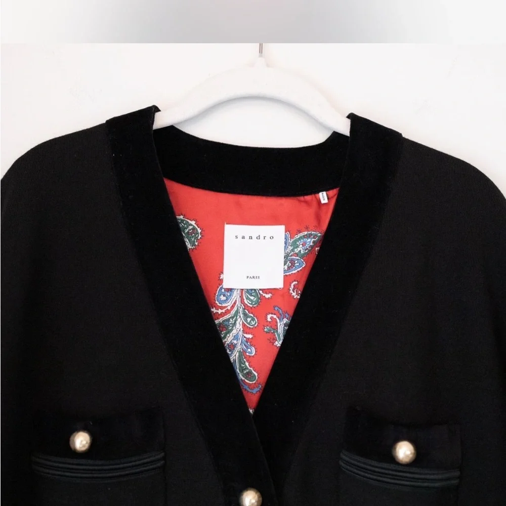 Sandro velvet trim Cardigan with gold buttons S EUC - Picture 5 of 8